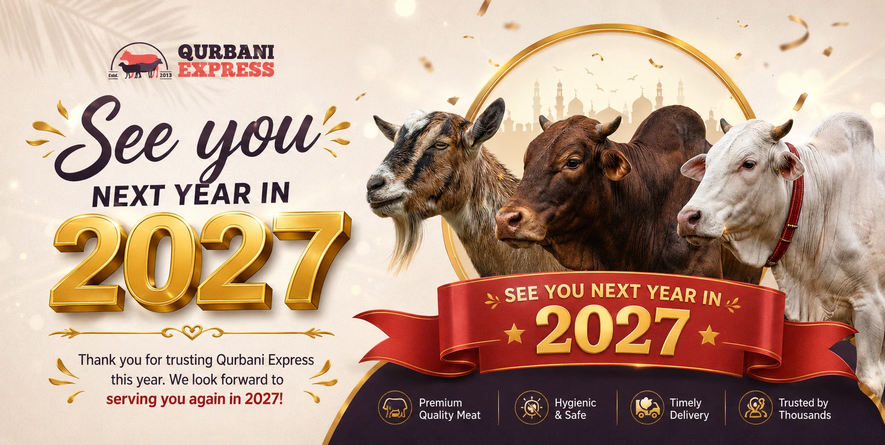 Qurbani Express 2026 packages — Cow Share, Bakra, and Full Cow for Karachi